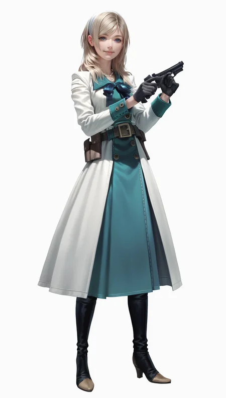 score_9,score_8_up,score_7_up,
<lora:Leanne:0.9>,
highres,photorealism,
1girl,solo,blonde hair,long hair,bangs,white hairband,dark blue neck ribbon,blue eyes,looking at viewer,facing aside,smile,white knee length coat dress with teal accents,necklace,brown belt,belt pouch,black gloves,black knee boots,full body,holding gun,standing,(white background:1.2),