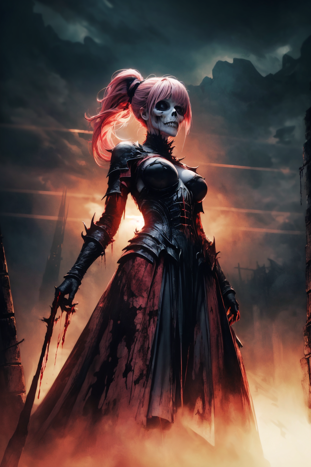 (ultra realistic,32k, masterpiece:1.2),(high detailed skin:1.1),( high quality:1.1),
1girl, pink hair, ponytail hair, bangs,(aqua eyes:0.5), [<lora:Darkness-10:0.8>Darkness, a zombies outbreak in a small town:<lora:DART:0.3>DART,scary, dark horror theme, skull ghost, monster, fear, blood:25],(looking at viewer, standing, from below:1.1),, huge breast,large breast,<lora:add_detail:0.83>,
(moody lighting:1.1),