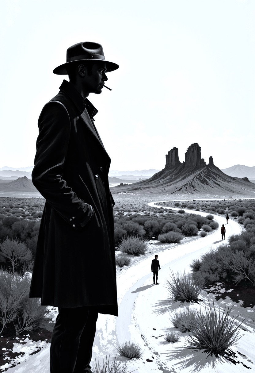 « A fragile black figure, An Eames era stretched Surrealism painting of a black and white scene with many shadowy shapes in a contrasting tone, a skinny elongated film noir detective, director David Lynch, smoking a cigarette, in the Nevada desert looking away at a lost highway, twin peaks in the distance, half-film noir, half-specter. »