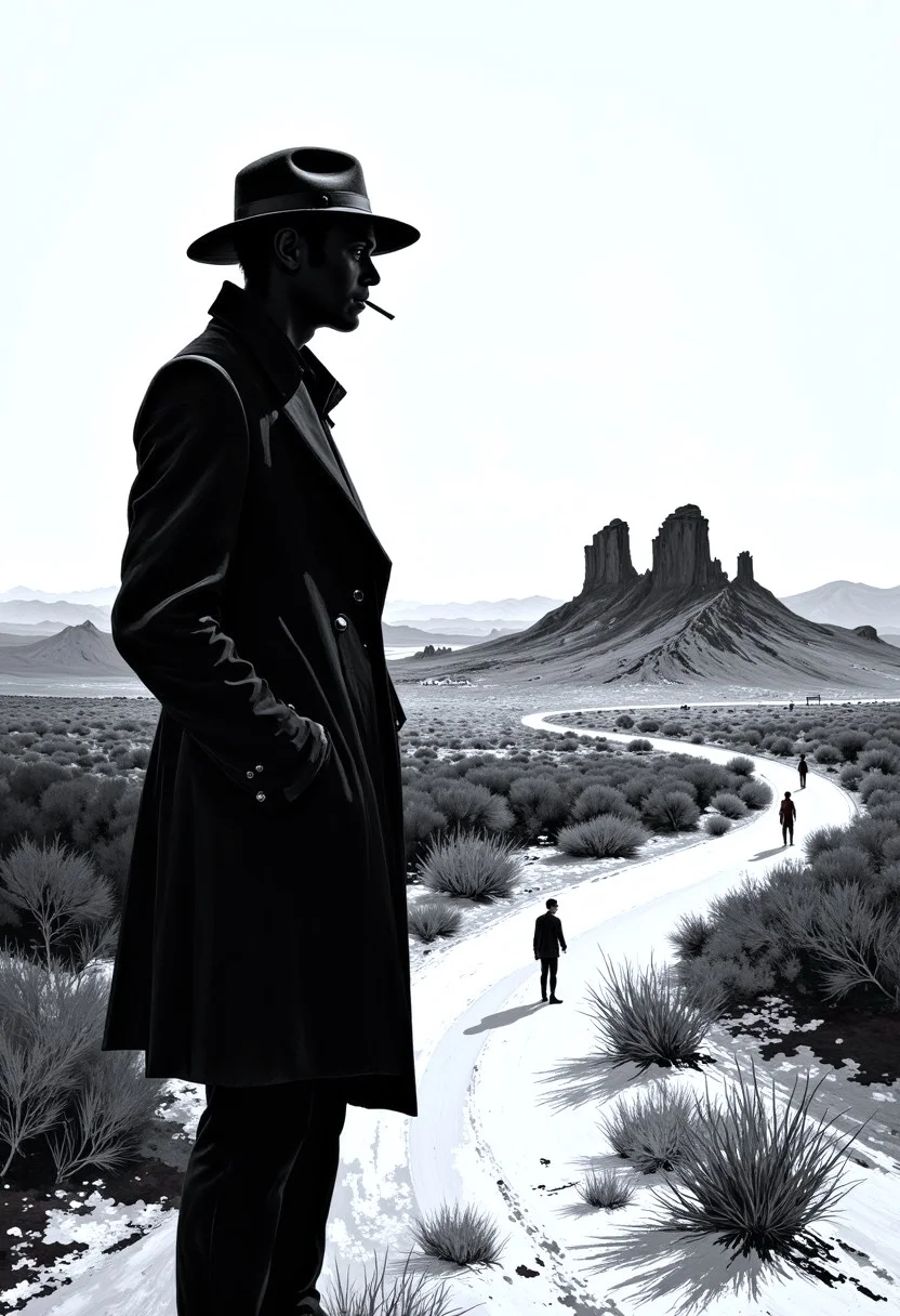« A fragile black figure, An Eames era stretched Surrealism painting of a black and white scene with many shadowy shapes in a contrasting tone, a skinny elongated film noir detective, director David Lynch, smoking a cigarette, in the Nevada desert looking away at a lost highway, twin peaks in the distance, half-film noir, half-specter. »