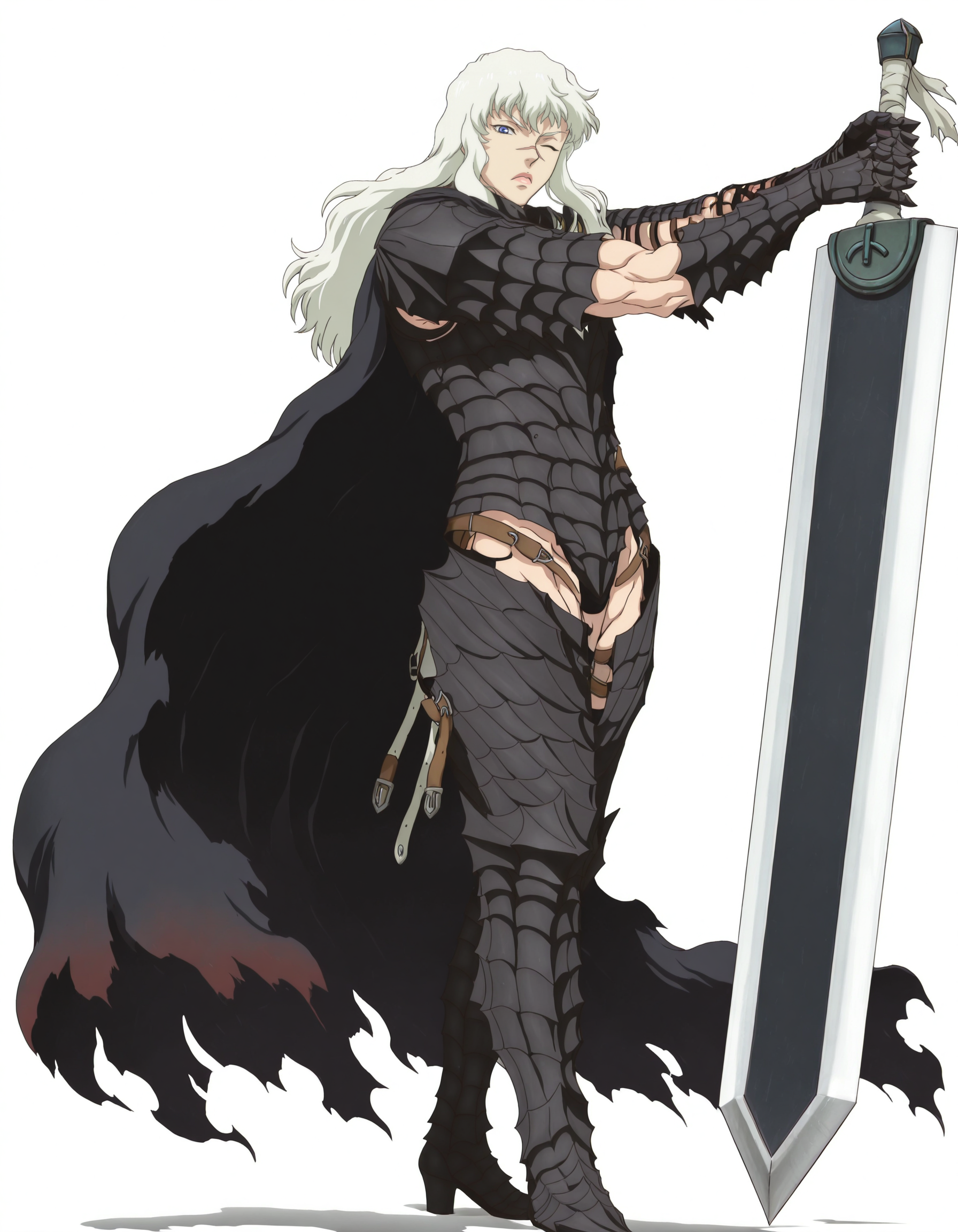 perfect composition, shadows, shading, full body, solo, <lora:anime_screencap-Illustrious:0.65> anime screencap, anime coloring, very aesthetic, absurdres, zPDXL, <lora:Pony_DetailV2.0:0.5> <lora:illustrious_quality_modifiers_masterpieces_v1:1>
<lora:gr1tt1h-000013:1> gr1tt1h, 1boy, blue eyes, long hair, white hair, one-eye closed, scar on nose, male focus, looking at viewer, serious, defined lips, standing, posing, <lora:DragonSlayerSword-Il.V1.0:1> dragonslayersword-il.v1.0, huge weapon, sword, holding sword, holding weapon, 
slender, toned body, Guts_Armor, black armor, full armor, leg armor, torn cape,
white background, simple background,