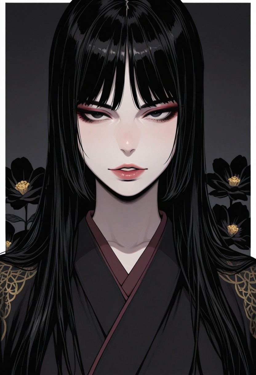 black background,simple background,Volumetric Lighting,looking at the viewer,glowing,1girl,mature female,milf,black hair,bubble,black eyes,solo,makeup,hime haircut,long hair,paleskin,colored skin,white skin,japanese clothes,kimono,eyeshadow,black hair,flower,black kimono,streaked hair,upper body,parted lips,grey background,black flower,black eyeliner,white border, masterpiece,best quality,amazing quality,high quality, newest, highres,8K,HDR,absurdres,vibrant colors,Volumetric lighting,cinematic,
<lora:iLLMythM4gicalL1nes:0.4>,m4gicall1nes,<lora:Sinozick_style:0.4>,sinozick_illu,zPDXL2,