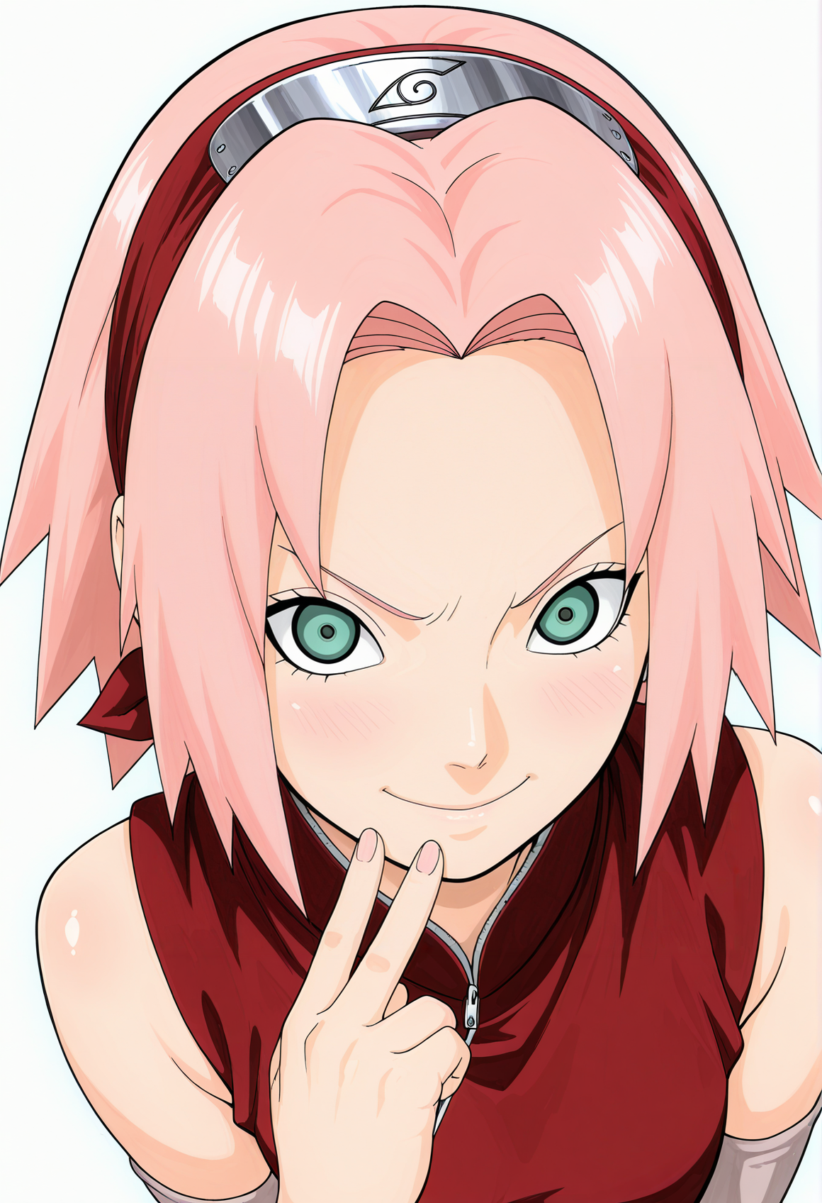 amazing quality,very aesthetic,absurdres,best quality,newest,masterpiece,4k resolution, absurdres, highres, detailed background, 
 1girl, haruno sakura, pink hair, green eyes, red shirts, black shorts, pink skirt, red hairband,  <lora:Haruno_Sakura_il2:1> simple background, white background,upper body, v-shaped eyebrows, smile, looking at viewer,
