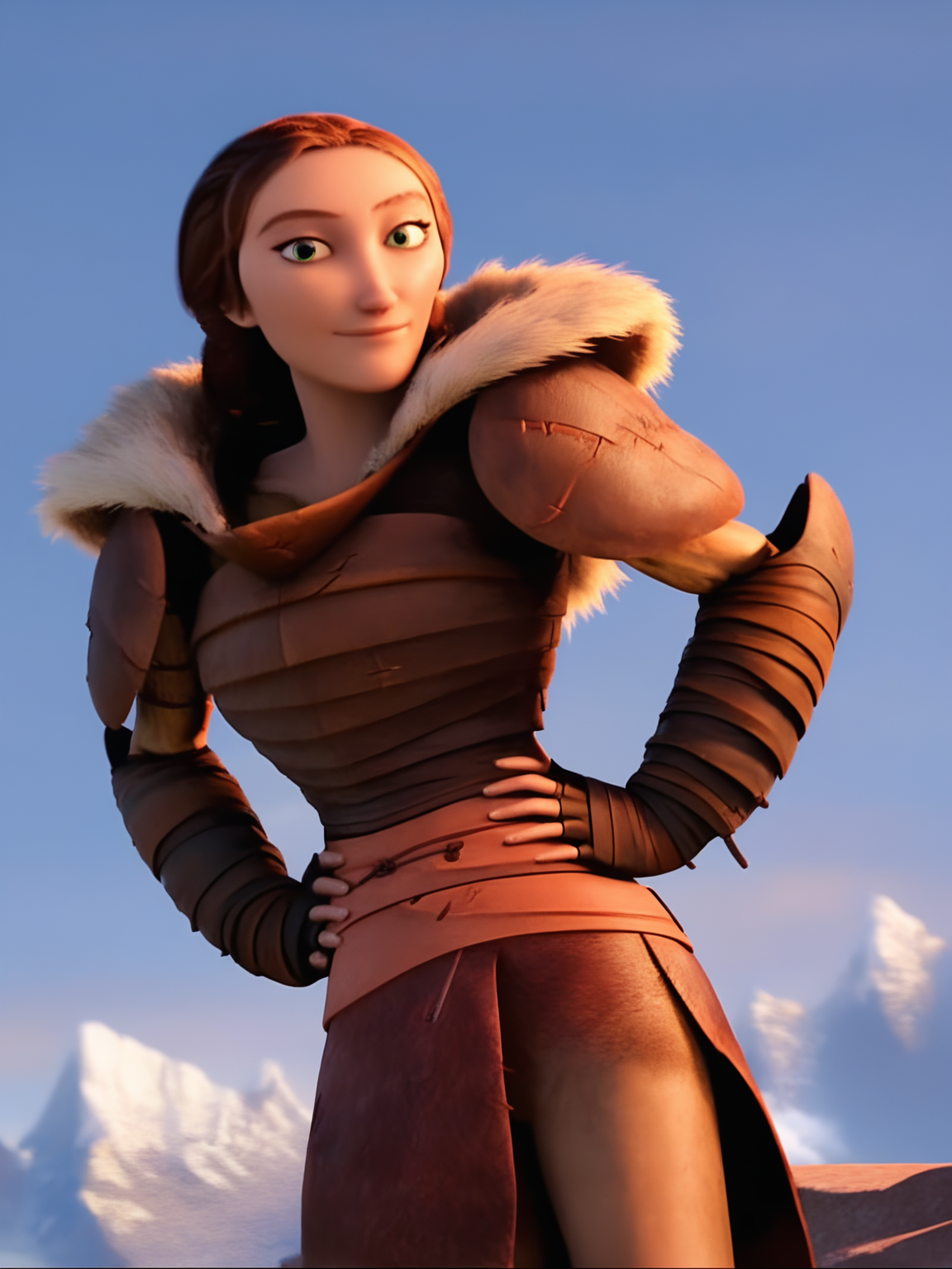 score_9, score_8_up, score_7_up, 1girl, dynamic pose, cowboy shot, looking at viewer, sexy pose, sexually suggestive, light smile, dutch angle, sky, multiple clouds, mountains, hands on hips,
 <lora:AValka_character:0.85>,ValkaXL, brown hair, green eyes, armor, shoulder armor, pauldrons, fur trim, gauntlets, screencap,