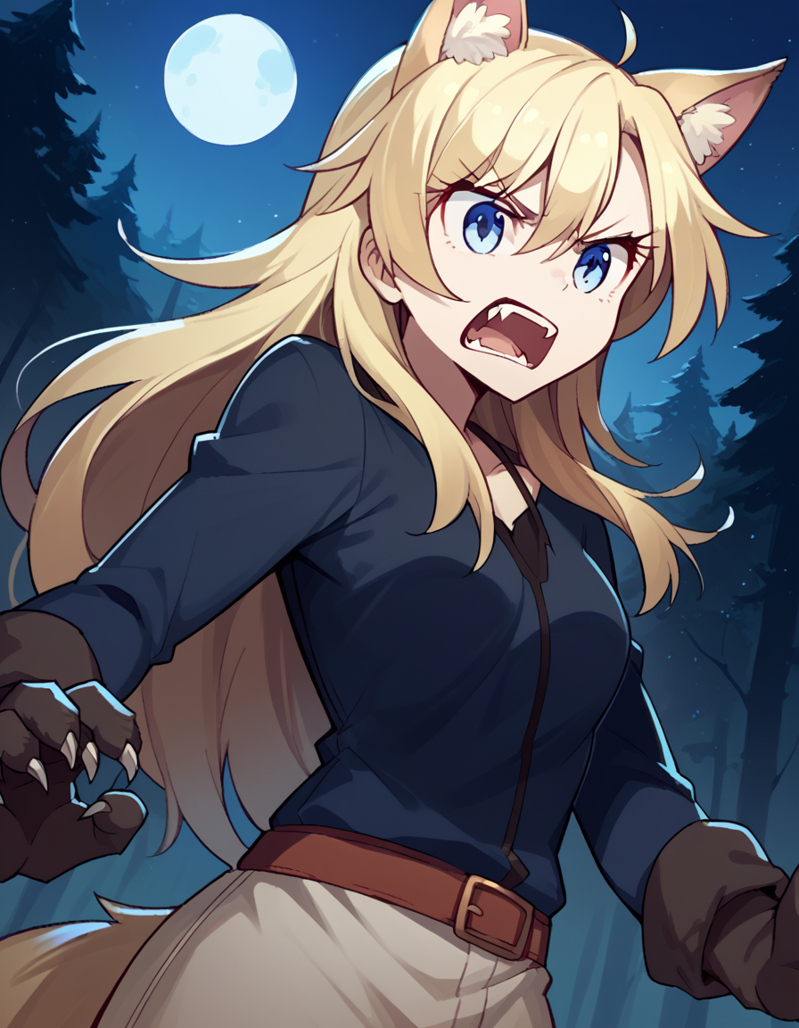score_9, score_8_up, score_7_up, source_anime, <lora:kou-yagami-s2-ponyxl-lora-nochekaiser:1>, kou yagami, long hair, blue eyes, blonde hair, medium breasts,, <lora:werewolf-ponyxl-lora-nochekaiser:1>, werewolf, furry, fangs, animal ears, gloves, angry, teeth, animal ear fluff,, forest, night, moon, open mouth, , dutch angle, cowboy shot
