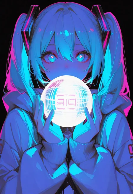 score_9, score_8_up, score_7_up, score_6_up,
Hatsune Miku,limited palette,black background,colorful,vibrant,glowing outline,neon,blacklight,looking at viewer, masterpiece, very aesthetic, white sphere in background