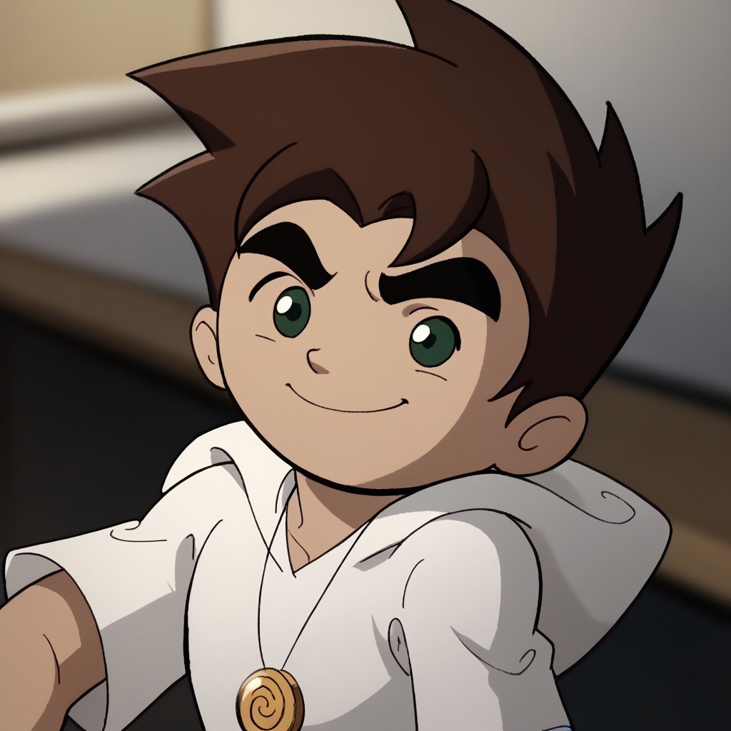 score_9, score_8_up, score_7_up BREAK RaiXS, 1boy, dark brown hair, dark green eyes, tan skin, gold spiral circle necklace, white hoodie, cowboy shot, smile,