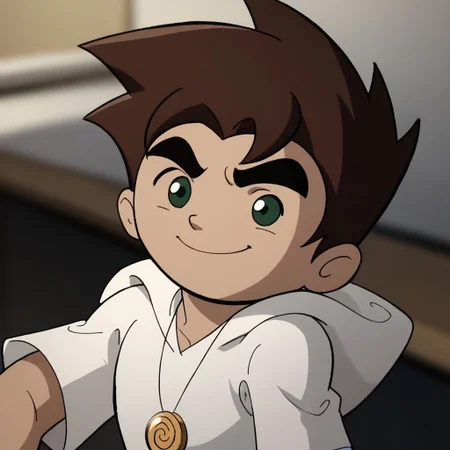 score_9, score_8_up, score_7_up BREAK RaiXS, 1boy, dark brown hair, dark green eyes, tan skin, gold spiral circle necklace, white hoodie, cowboy shot, smile,
