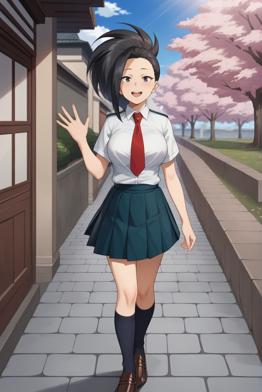 score_9, score_8_up, score_7_up, score_6_up, score_5_up, score_4_up, BREAK source_anime, 1girl,
<lora:MomoYaoyorozuXL-v1-07:0.7>, ChopioYaoyorozu, long hair, black hair, wide ponytail, asymmetrical bangs, black eyes, looking at viewer,
[medium breasts : large breasts: 10], breasts apart, (wide hips:0.7),
outfit_4, collared shirt, short sleeves, red necktie, shirt tucked in, blue skirt, pleated skirt, black kneesocks, loafers, brown footwear,
school, outdoors, stone path, blue sky, sunny, light rays, standing, winter, cherry blossoms, smile, open mouth, waving,