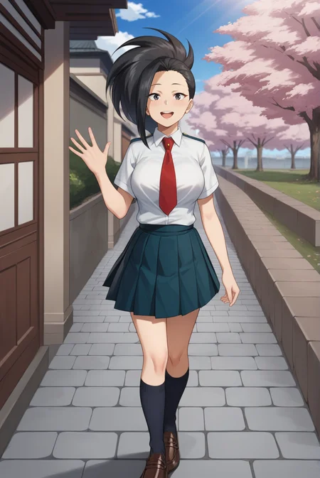 score_9, score_8_up, score_7_up, score_6_up, score_5_up, score_4_up, BREAK source_anime, 1girl,
<lora:MomoYaoyorozuXL-v1-07:0.7>, ChopioYaoyorozu, long hair, black hair, wide ponytail, asymmetrical bangs, black eyes, looking at viewer,
[medium breasts : large breasts: 10], breasts apart, (wide hips:0.7),
outfit_4, collared shirt, short sleeves, red necktie, shirt tucked in, blue skirt, pleated skirt, black kneesocks, loafers, brown footwear,
school, outdoors, stone path, blue sky, sunny, light rays, standing, winter, cherry blossoms, smile, open mouth, waving,