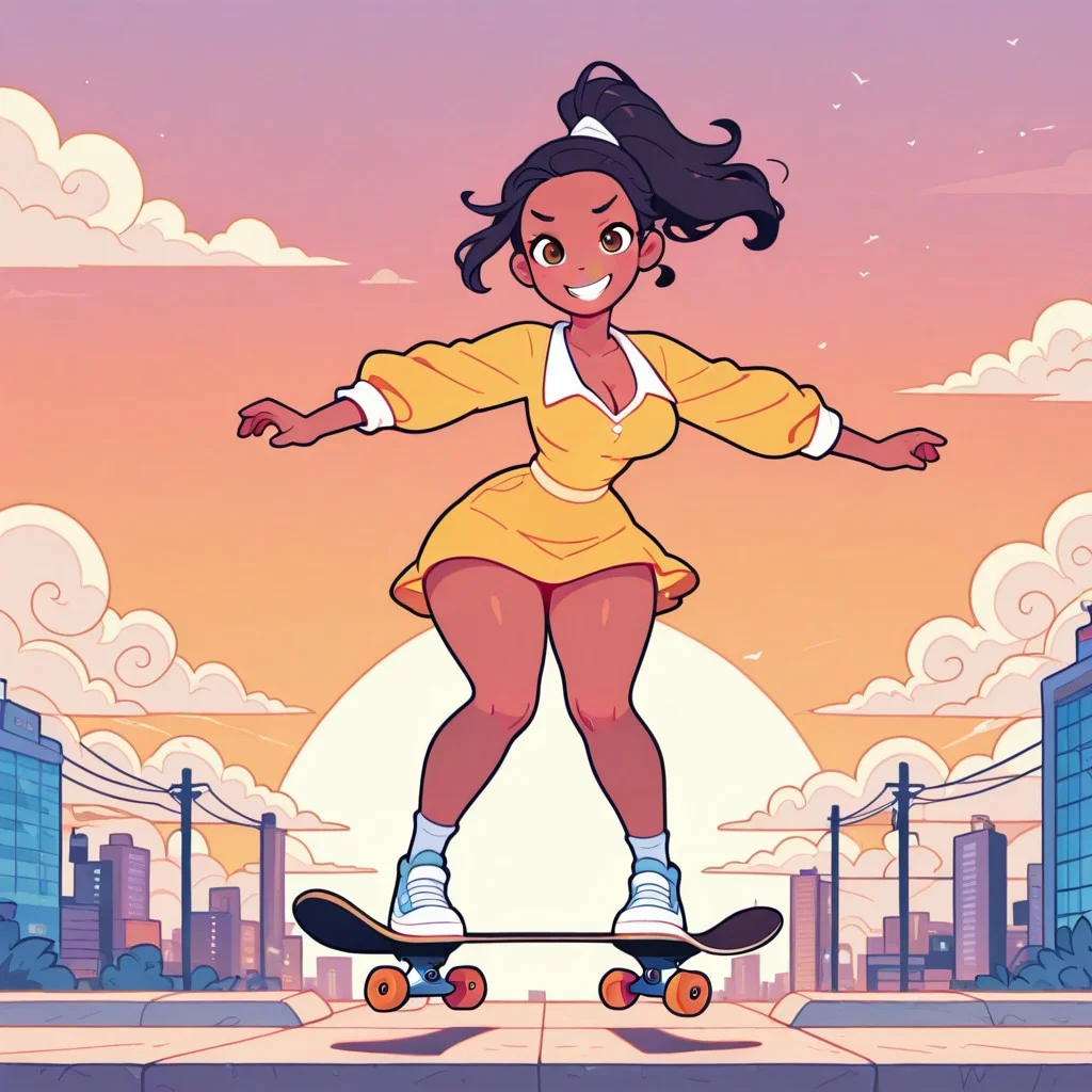 masterpiece,best quality,amazing quality,
Flatline, Flat vector illustration,
tianaxd, dark skin, dark-skinned female, black hair, brown eyes,yellow shirt, ponytail, long sleeves, yellow skirt,
girl skateboarding, big breasts, cleavage, slim waist, wide hips, round butt, thicc, thick thighs, mischievous expression, mischievous grin, facing viewer, retrofuturistic city, cirrus clouds, sunset, windy,
