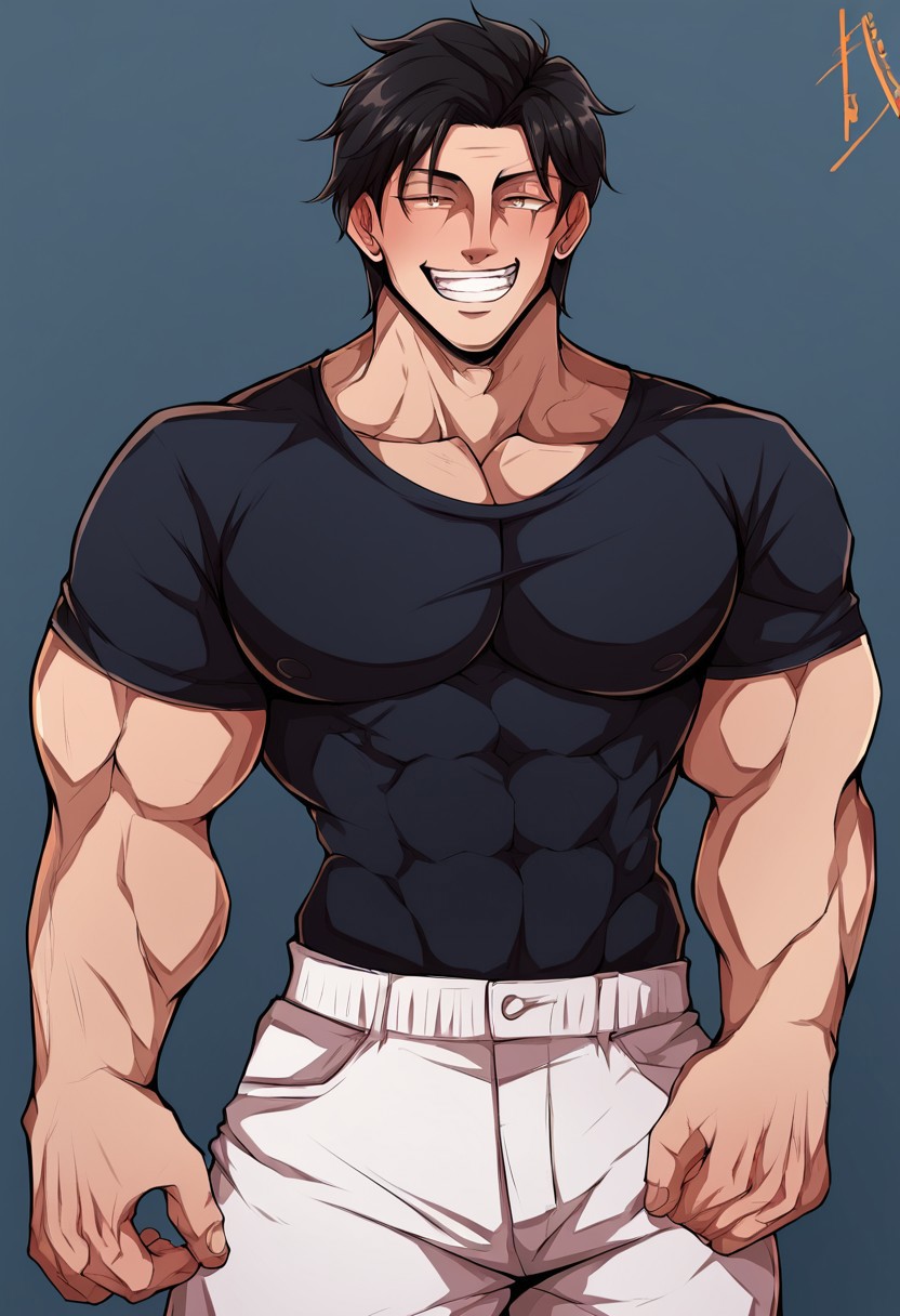 score_7, score_8, score_9, high quality, best quality, absurdres, mature male, 1male, solo, male focus, highly detailed texture, (highly detailed face, (perfect face, perfect eyes)), toji fushiguro, black hair, muscular male, large pectorals, thick thighs, small waist, scar, scar on face, white pant, compression shirt, black t-shirt, smiling