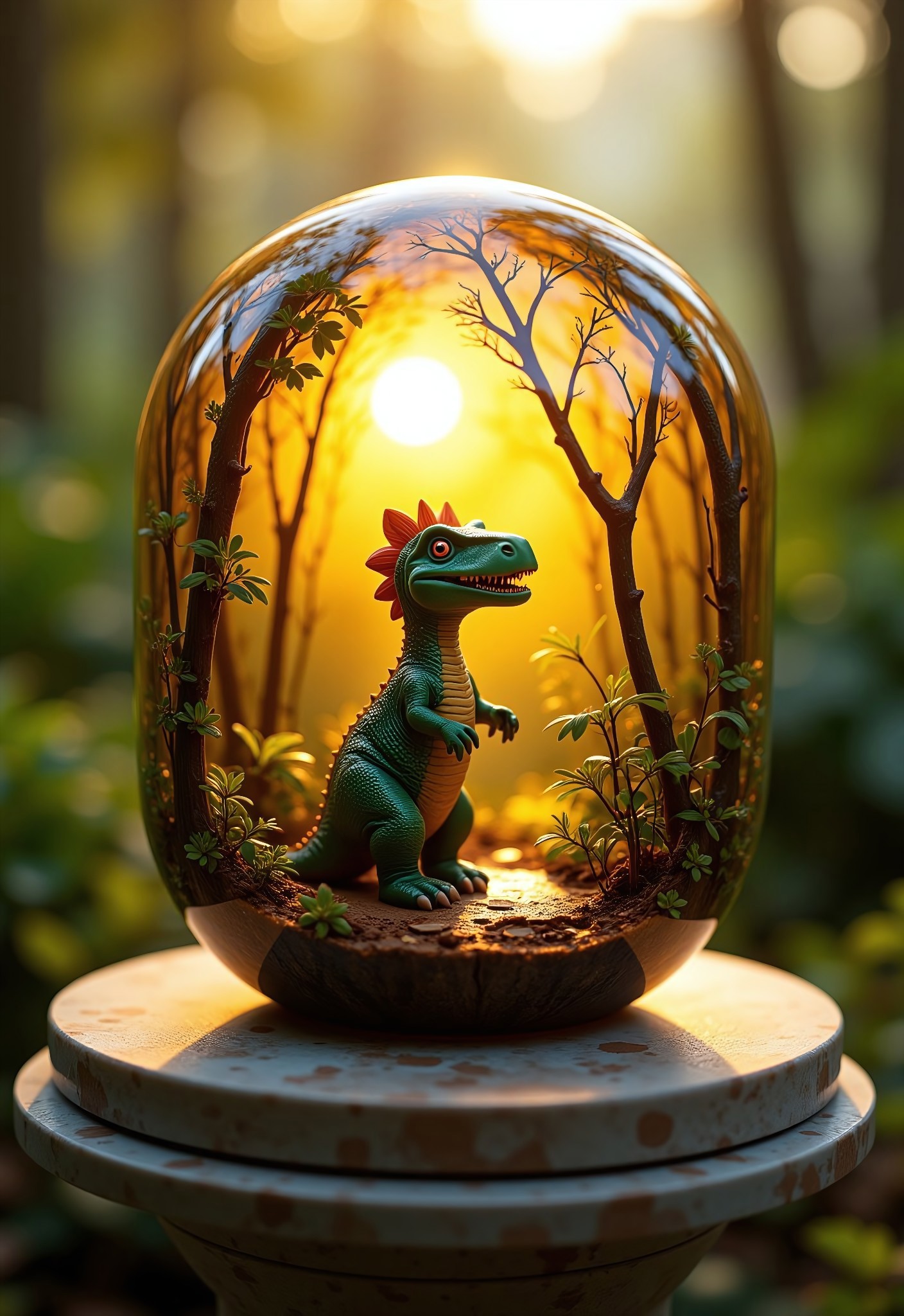 aidmaimageupgrader, a high quality digital image of an intricate happy little dinosaur standing by a pond in a jungle with the sun in the background, all encased in an amber bubble, sitting on a marble plinth