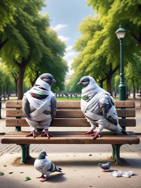 A park bench thoroughly ais-bndgs, forcing two surprised pigeons to sit elsewhere <lora:ais-bndgs-sdxl:1>