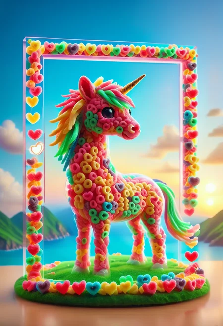 a picture frame with a picture of a cute zhibi domestic animal <lora:zhibi:0.8> made out of reij-trnsprnt filled with reij-hrts belight by reij-glw <lora:heartglow-000006:1> and made of fruit loops <lora:FruitLoopStyle:1>, cuteness overload, in a fantasy landscape, hairy, action pose, ruff, cherry blossom and mossy rock background, at golden hour, wide view, land art, natural lighting, highly enhanced, imposing, magical, luxury, intense, beautiful, adorable,