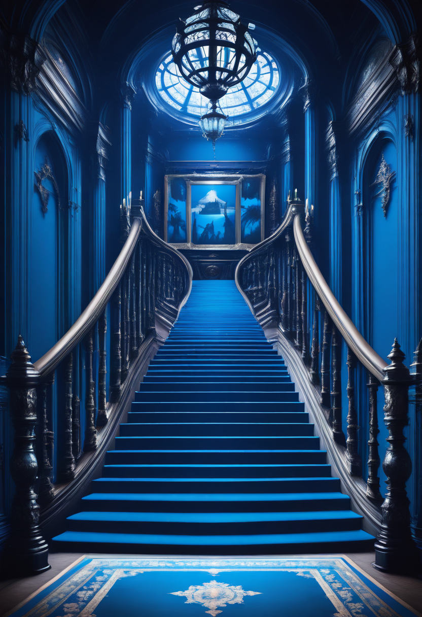 masterpiece, best quality,  d4rk4c4dem1a,   no humans, window, plant, stairs, candle, painting (object), candlestand, chandelier, blue theme, blue carpet, BREAK, subsurface scattering, soft lighting, contemplative expression, dark background, subtle makeup, high-resolution, detailed texture, emotional depth, dramatic mood, ,serene atmosphere, cinematic lighting  ,<lora:DarkAcademia_IXL:1.0>,