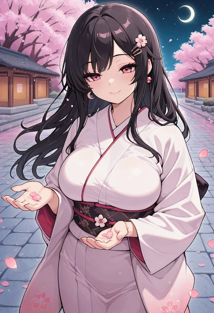 masterpiece, best quality, amazing quality, 1girl, solo, long hair, black hair, white kimono with flowers, cherry blossoms, light makeup, light blush, cobblestone, cherry blossom trees, cherry blossom petals, falling petals, standing, medium breasts, smile, crescent moon shaped earing, hair pin, kyosuke