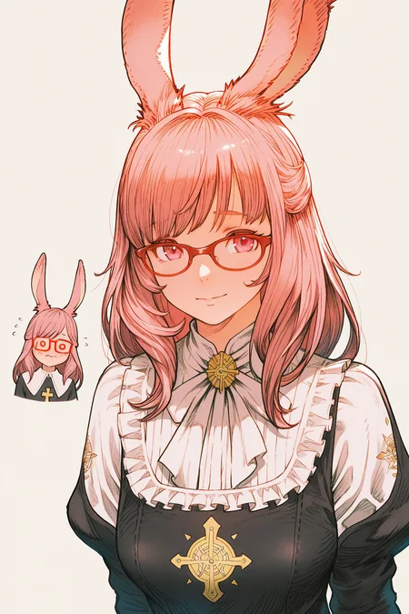 FretorF,This digital anime-style drawing depicts a cute,busty woman with pink hair,large red glasses,and rabbit ears. She wears a white blouse and a black dress with a small gold key emblem. Her expression is shy and inviting,set against a plain beige background.,