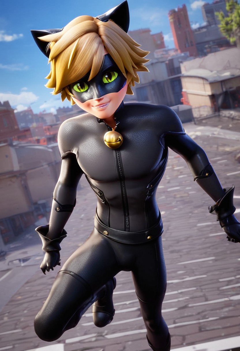 (score_9, score_8_up, score_7_up), looking at viewer, colored sclera, animal ears, tail, 1boy, catnnoir15_,  black bodysuit, mask, blonde hair, solo, outdoors, male, cat ears, smile, dynamic pose, dynamic angle, super wide angle shot,<lora:DynamicPose_alpha1.0_rank4_noxattn_100steps:1.6>