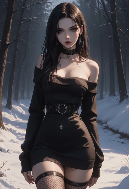 score_9, score_8_up, score_7_up, BREAK, Chiaroscuro Lighting Style, partially covered in shadow, epiCPhoto, EyesHD,
(Dark forest), 1girl, ((Esmeralda)), 20 years old, tiny waist, natural breasts, ((off shoulder sweater dress, teardrop breasts, winter dress, bare thighs)),gothic, fishnet pantyhose, ((looking at viewer, watery blue eyes, light skin)), outside, tundra