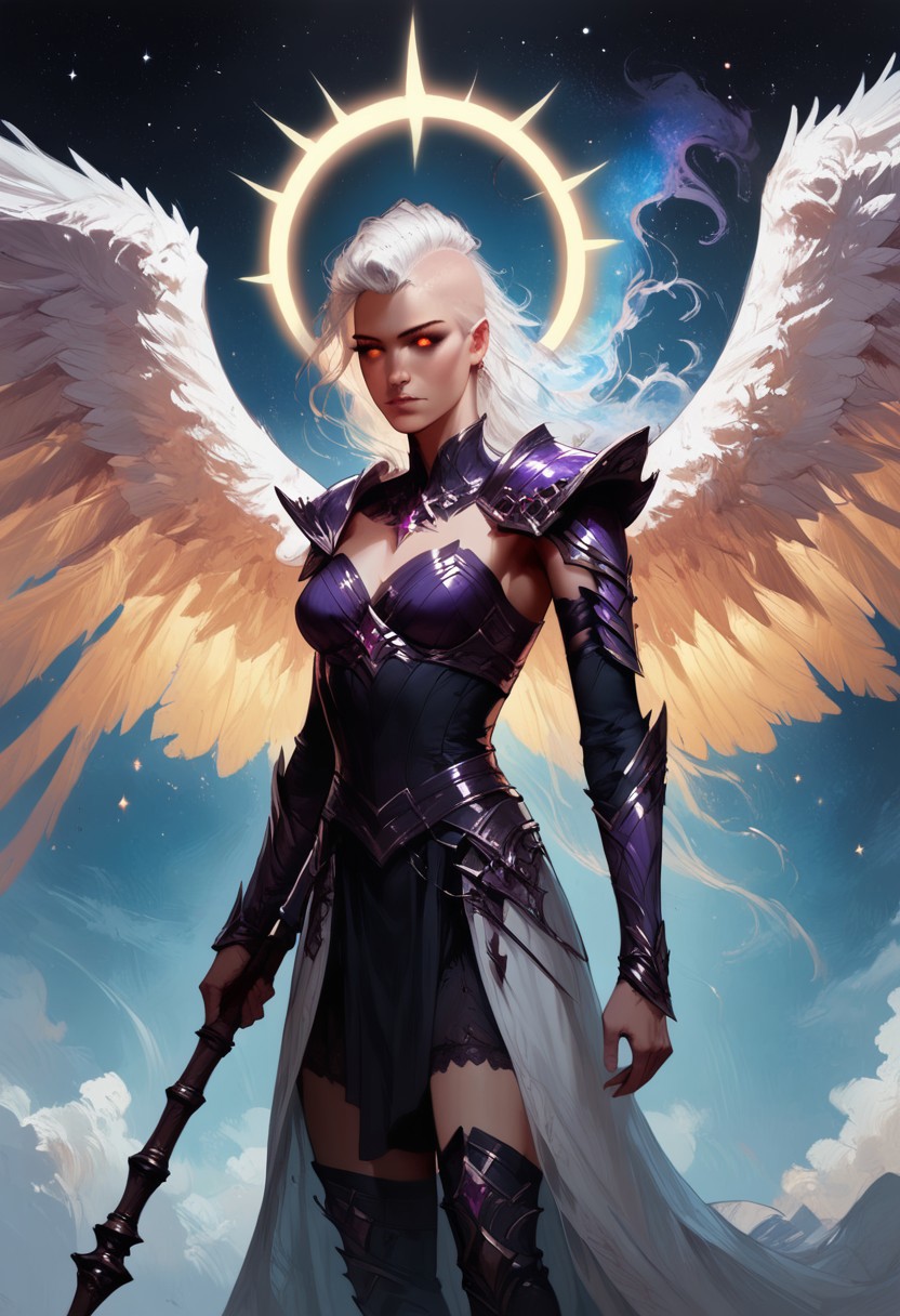 (score_9, score_8_up, score_7_up, score_6_up), (highres image, ultrares, absurdres, ultra detailed), (masterpiece:1.8), face focus, detailed faces, BREAK,
civitametapunksdxl_fem,
1girl, dynamic character design, female focus, perfect face, perfect eyes, attractive, ((beautiful)), ((druid)), ((Portrait)),  ((aasimar_fallen, white wings, golden halo, glowing eyes)), (((Waist-Length Hair))) (((mohawk))), ((Shiny blonde Hair)), (Pale), (Slender, Svelte), Full Lips, Perky Breasts, Tiny Waist
BREAK
((white-Leather-Dress)), ((Interwoven Purple-Flowers and Ivy)), ((Wooden Staff with Purple Amethyst)), ((Thigh-High Boots))
BREAK
Cosmic Power, Stars, Galaxies, Nebula, Ethereal, Cinematic, Atmospheric, Detailed Background, Dramatic Lights, Concept Art, Expressiveh, ((aasimar_fallen, white wings, golden halo)), concept art, realistic, 4kFacePonyXL
