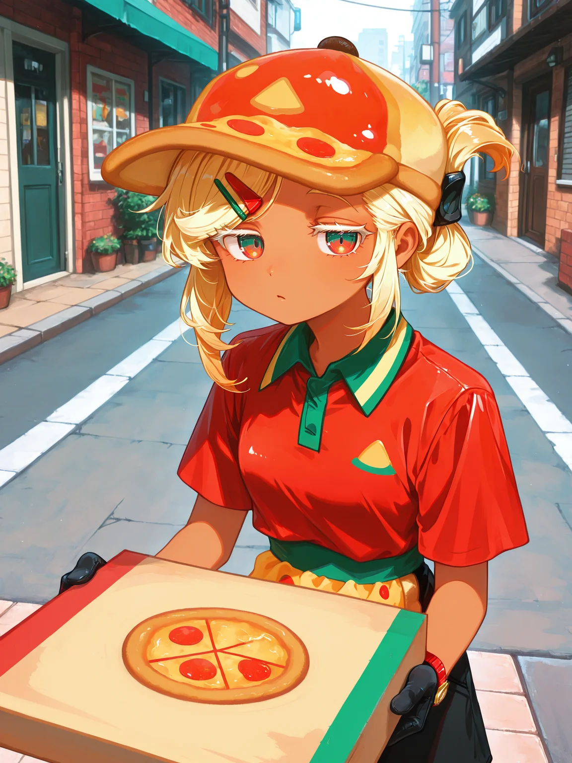 <lora:PizzaCR2XL:1>, PCo_CR, 1girl, dark skin, red two-tone collared shirt, black shorts, medium hair, pizza hat, black gloves, hairclip, short sleeves, polo shirt, pizza apron, folded ponytail, two-tone eyes, wristwatch,
<lora:cfg_scale_boost:0.5> [lazypos], <lora:spo_sdxl_10ep_4k-data_lora_webui:0.4> <lora:retrocute:1>, white eyelashes, <lora:omoyunakyu715-_style_Illustrious:0.3> omoyu_nakyu715, bored, delivery, pizza box, holding, outdoors, street, sidewalk, giving, looking at viewer, incoming food