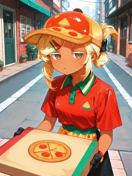 <lora:PizzaCR2XL:1>, PCo_CR, 1girl, dark skin, red two-tone collared shirt, black shorts, medium hair, pizza hat, black gloves, hairclip, short sleeves, polo shirt, pizza apron, folded ponytail, two-tone eyes, wristwatch,
<lora:cfg_scale_boost:0.5> [lazypos], <lora:spo_sdxl_10ep_4k-data_lora_webui:0.4> <lora:retrocute:1>, white eyelashes, <lora:omoyunakyu715-_style_Illustrious:0.3> omoyu_nakyu715, bored, delivery, pizza box, holding, outdoors, street, sidewalk, giving, looking at viewer, incoming food