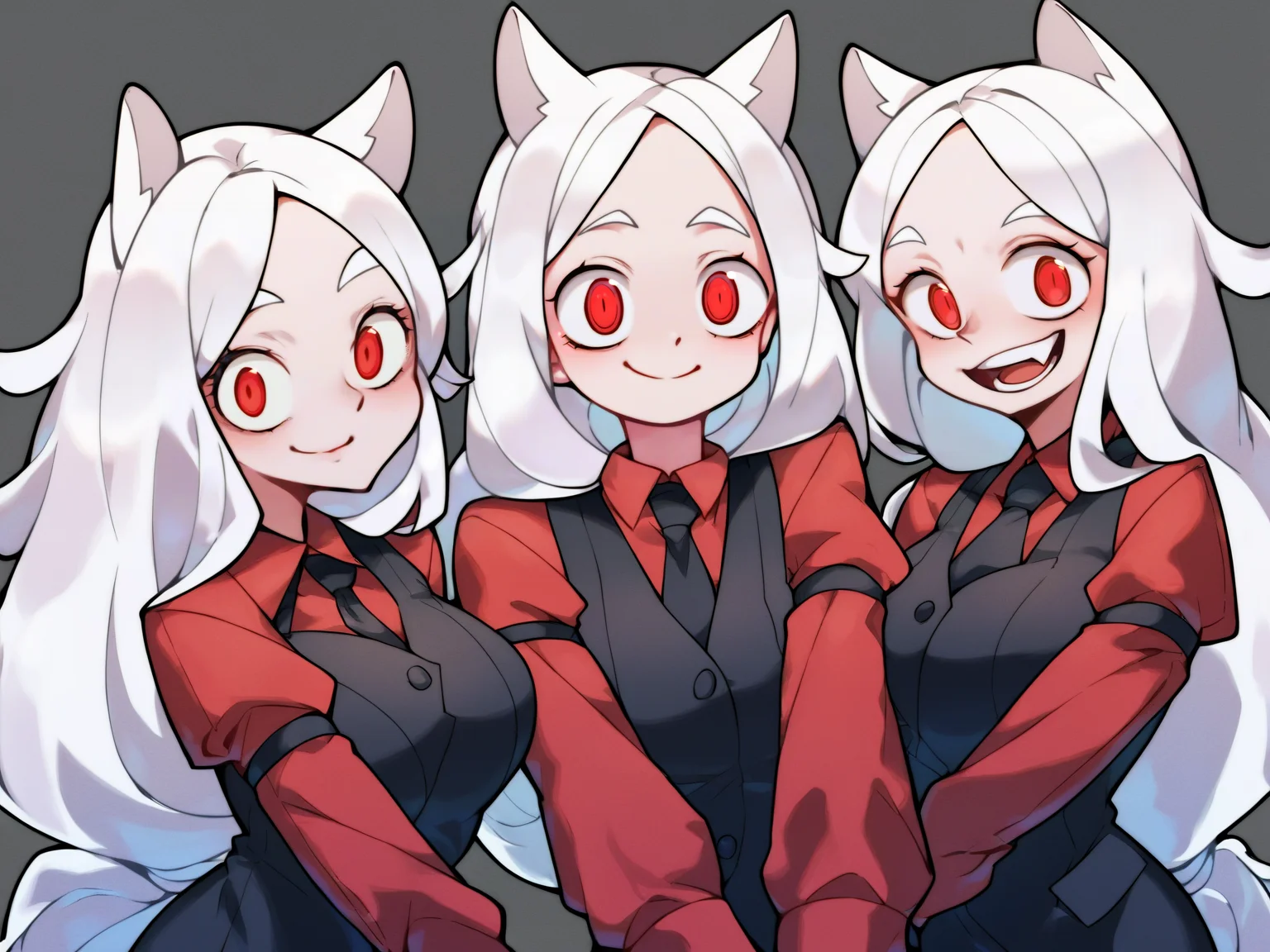 score_9, score_8_up, score_7_up, score_6_up, score_5_up, score_4_up, BREAK, source_cartoon, source_anime, 3girls, cerberus \(helltaker\), white hair, long hair, red eyes, dog ears, red shirt, black necktie, black vest,
sadistic smile, upper body, looking at viewer, simple background
<lora:CerberusXL:1>
