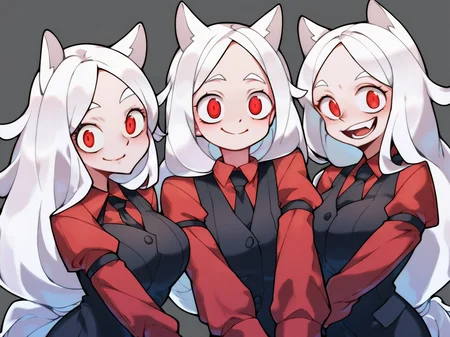 score_9, score_8_up, score_7_up, score_6_up, score_5_up, score_4_up, BREAK, source_cartoon, source_anime, 3girls, cerberus \(helltaker\), white hair, long hair, red eyes, dog ears, red shirt, black necktie, black vest,
sadistic smile, upper body, looking at viewer, simple background
<lora:CerberusXL:1>