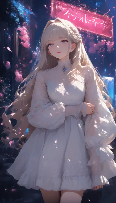 Neon noir masterpiece,high score,great score,absurdres, <lora:Alice Prin_Complete:1>,Alice Prin (style, hair, dress, alice, prin), ., Naerys had the Targaryen looks, a fine and delicate beauty, almost unworldy. She was slender and small, with big deep violet in hue eyes and fine, pale, porcelain skin, near translucent. Naerys Targaryen. . Cyberpunk, dark, rainy streets, neon signs, high contrast, low light, vibrant, highly detailed