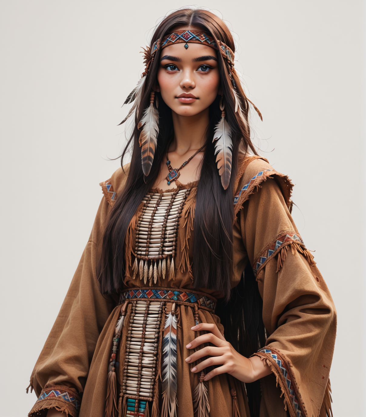 hand on hip, simple white background   <lora:NativeAmericanGirlAiyana:0.7> NativeAmericanGirlAiyana, (score_9, score_8_up, score_7_up), headband, headdress, feather hair ornament,