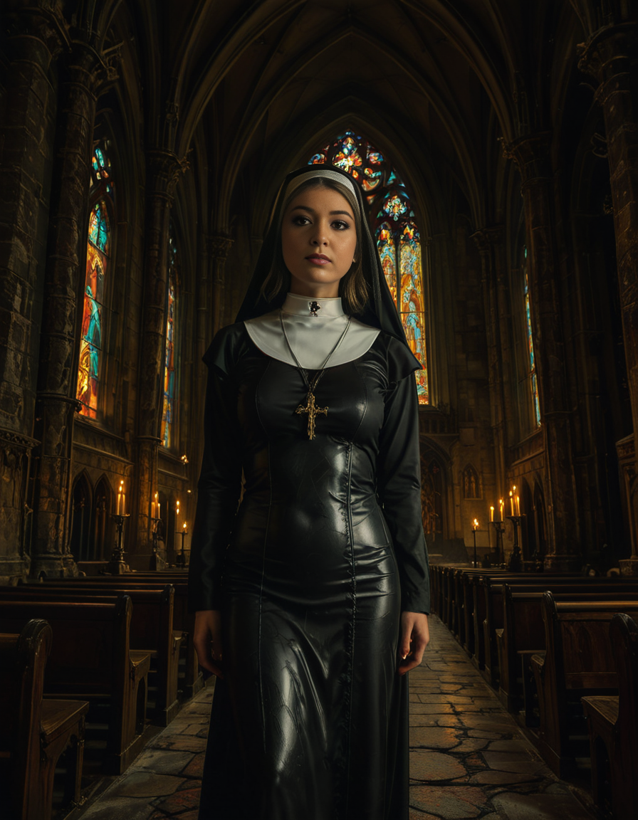 nsfw,focus on a nun,A gothic scene featuring a mysterious woman dressed as a nun in a flowing black latex habit with intricate lace detailing and choker and a red bra, standing solemnly inside of a G0th1c church. The atmosphere is charged with tension as an otherworldly presence seems to loom over the scene, casting eerie red and black shadows on the ancient stone. Other nuns in the background appear uneasy, their movements slow and dreamlike, as if they are being influenced by an unseen dark force. The cathedral's gothic architecture towers above with sharp spires, grotesque gargoyles, and a glowing stained-glass window radiating an unnatural crimson light.<lora:SDXLFaeTastic2400:0.4> <lora:extremely_detailed:0.4> extremely detailed, <lora:G0th1c_church:1>, Masterpiece,best quality,hi res,8k,hi res,8k,award winning,(sharp focus, intricate, highly detailed),