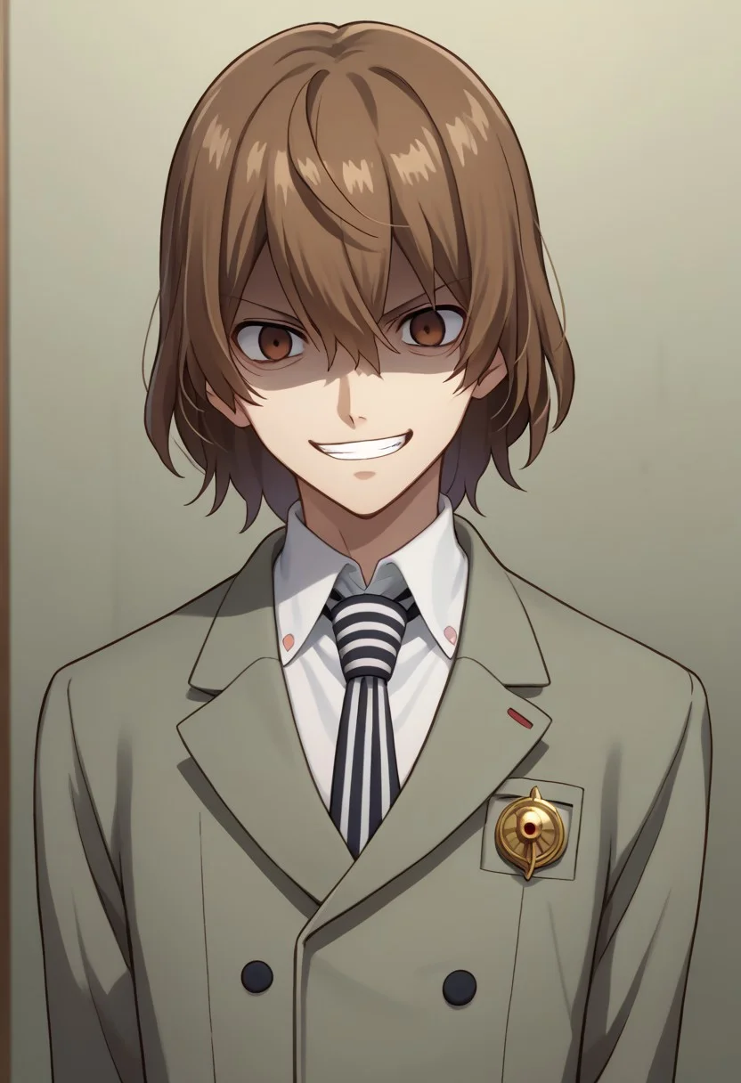 score_9, score_7_up, source_anime
goro, 1boy, male focus, solo, brown eyes, brown hair, hair between eyes, school uniform, shirt, white shirt, collared shirt, necktie, striped, striped necktie, jacket, grey jacket, buttons, long sleeves, evil grin, shaded face,
indoor, shadows,
