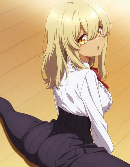 masterpiece, best quality, amazing quality,, <lora:kana-higa-s1-illustriousxl-lora-nochekaiser:1>, kana higa, long hair, bangs, blonde hair, hair between eyes, yellow eyes, mature female, breasts, anime screencap, <lora:virgin-killer-outfit-illustriousxl-lora-nochekaiser:1>, virgin killer outfit, meme attire, high-waist skirt, center frills, frilled shirt, underbust, aran sweater, frilled shirt collar, red bowtie, frills, skirt,, <lora:side-sitting-split-illustriousxl-lora-nochekaiser:1>, side sitting split, sitting split, split, flexible, stretching, on floor, spread legs, yoga pants, sports bra, from behind, ass, looking back, looking at viewer,, slit_pupils, open mouth, , ,