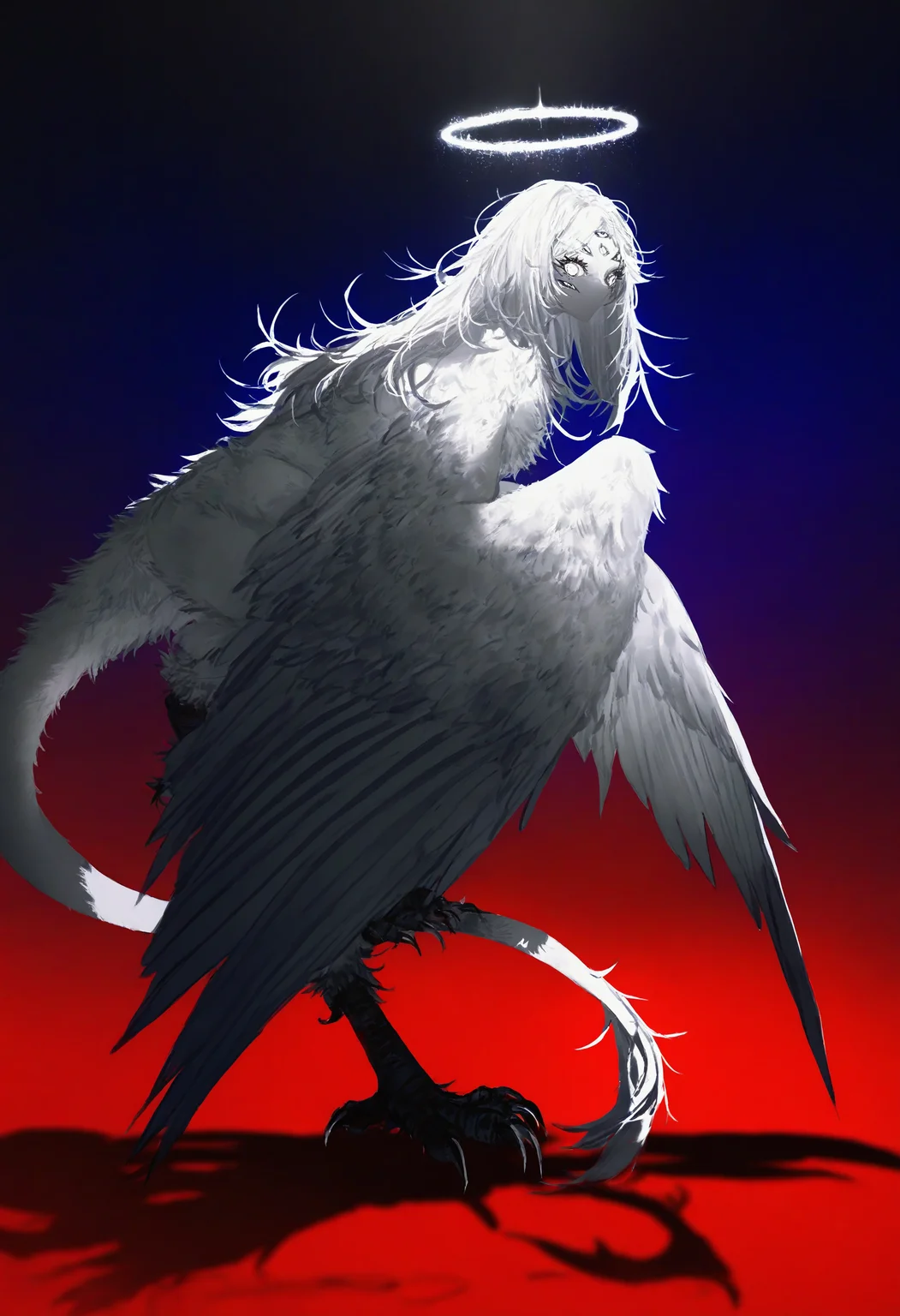 1girl, 
artist:john kafka, artist:nixeu, artist:quasarcake, gritty, shadow, light rays, close-up
original, angel, angel wings, animal feet, animal hands, bird legs, blue background, claws, colored skin, creature, extra eyes, feathered wings, full body, fur-tipped tail, halo, harpy, long hair, looking at viewer, monster girl, multiple wings, red background, solo, tail, traditional halo, white eyes, white hair, white skin, white wings, winged arms, wings, (best shadow:1.2100000000000002), beautiful detailed glow, very awa hangy,
masterpiece, best quality, masterpiece, best quality, newest, highres, absurdres