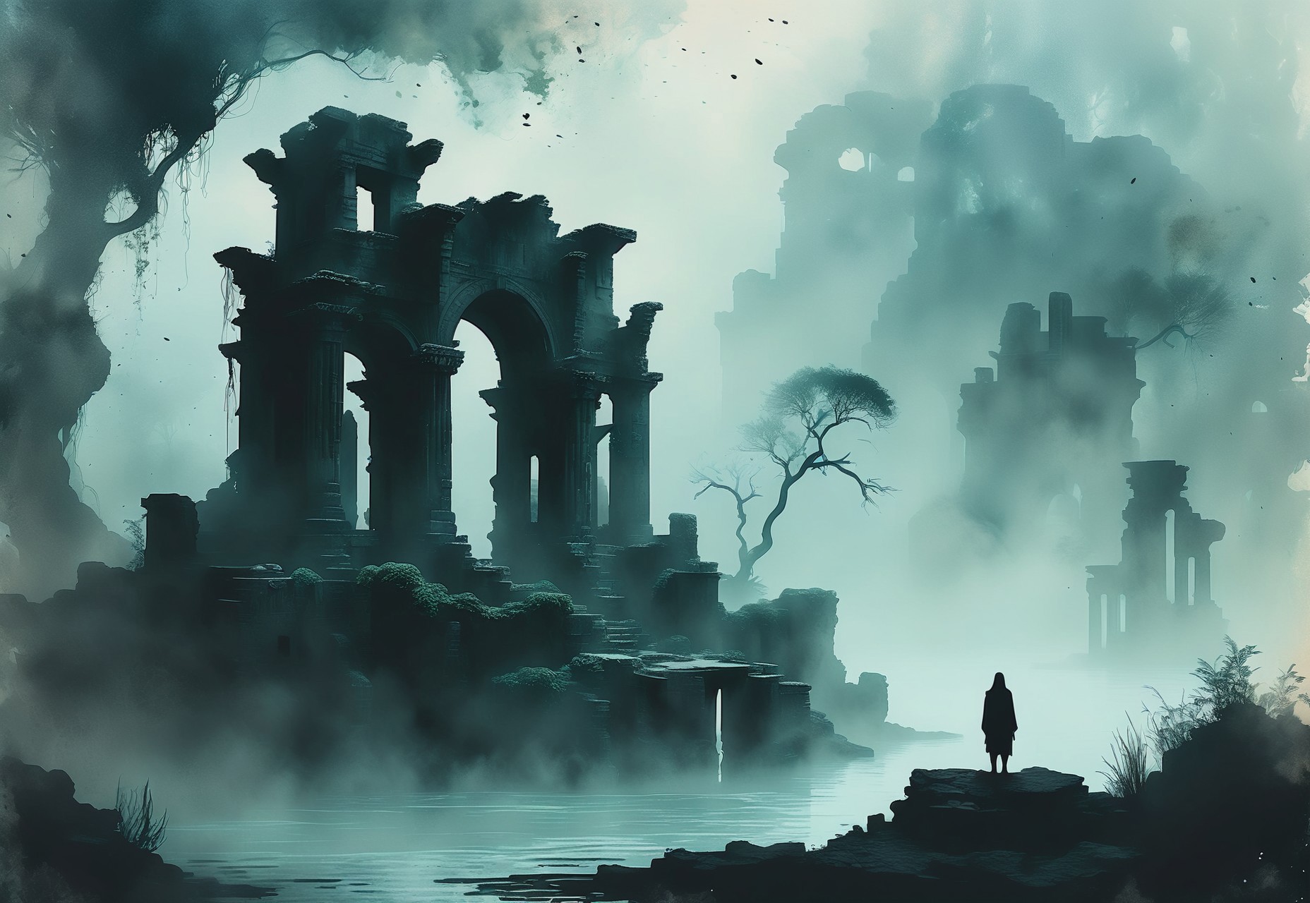 floating island silhouette, dark starless background, thick fog tendrils, minimalist ancient ruins, lone figure outline, negative space emphasis, monochromatic palette with subtle color accents, soft watercolor mist effects, sharp vector island edges, dreamlike composition, subtle texture overlays, mysterious atmosphere, surreal perspective, 
[betterandrich::0.0], 