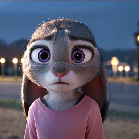 judyhopps confused, dark, night, backlighting, solo, pink shirt, jeans, arms at sides, front view, portrait, rating_safe <lora:judyhopps-v1-ponyv6xl:1>