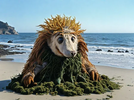 A photo of KippiBenKippod dirty with sea weed at the beach but the old gods are rising <lora:Kippi_Ben_Kippod_SDXL:1.0> <lora:Old_gods_rising_SDXL:0.8>