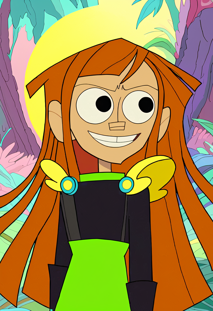 <lora:TwelveForever_Reggie_Pony:1.2>, reggie \(endless\), reggie \(twelve\), grin, reggie, twelve forever, 1girl, solo, orange hair, long hair, black eyes, bangs, luminous forest, masterpiece, best quality, score_9, score_8_up, score_7_up