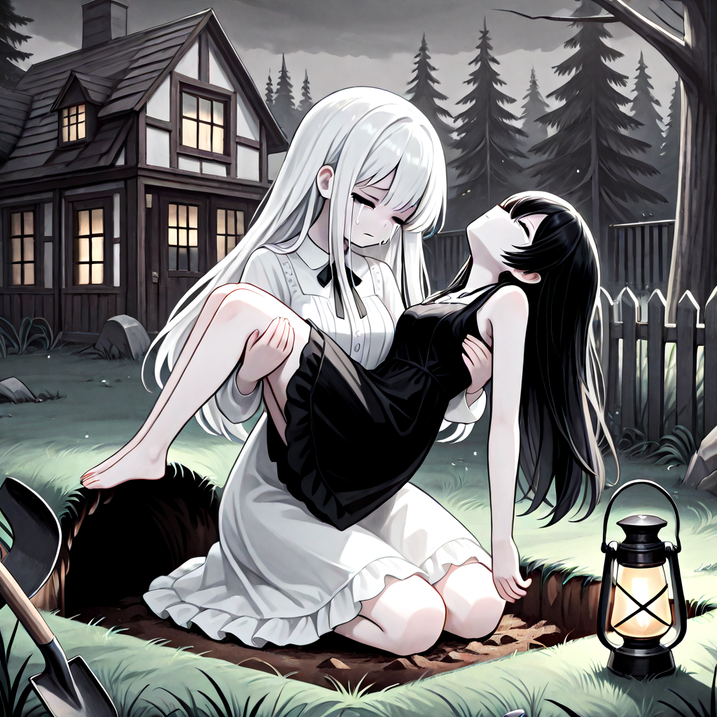 absurdres, explicit, grave digging, hand on ground, princess carry, 2girls, sleeping, carrying, crying, tears, sad, breasts, closed eyes, closed mouth, pale skin, long hair, black hair, white hair, gothic dress, bangs, tree, grass, death, corpse, victorian, house, building, oil lamp, lantern, shovel, fog, smog, grey sky, profile, from side, kneeling, seiza, head tilt, <lora:girlhategravedigging_ilxl:0.8>
