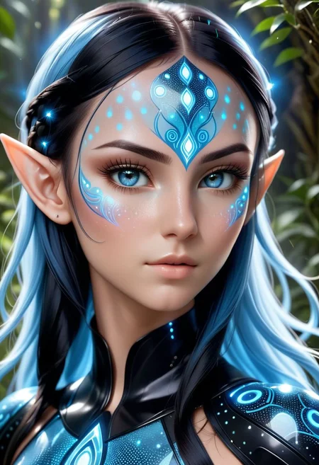 blue humanoid avatar with bioluminescent avatar markings dots and patterns on their skin. Pointed elf ears. avatar like hair, hair colour black, sparkling glowing blue eyes, slightly shimmery iridescent blue skin. female, warrior like, magical and mystical, detailed and realistic. Only blue skin tone. Only blue coloured skin. Skin colour all blue.