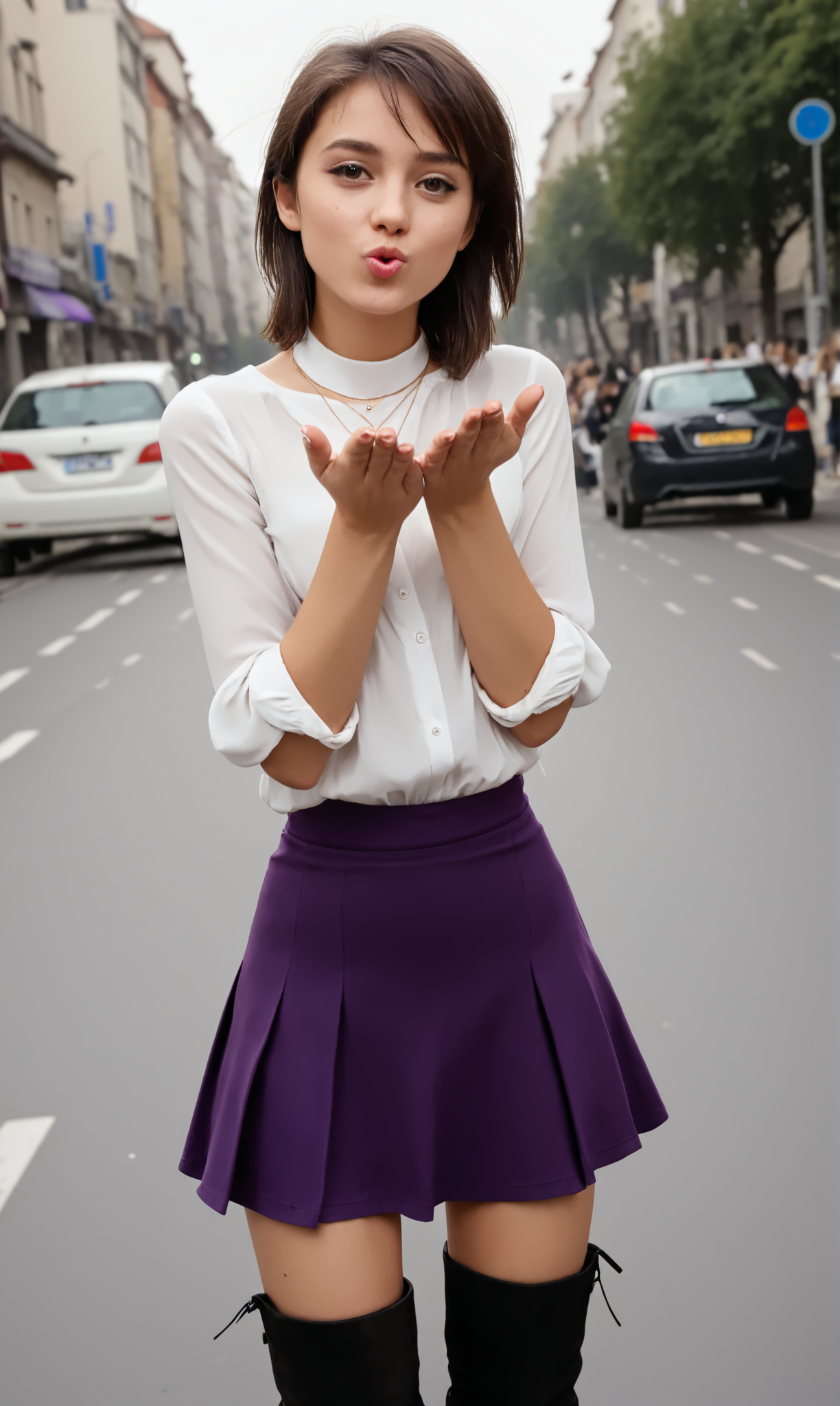 blaiki, wiboha, (slim 25 years old girl) in purple skirt and white blouse  is blowing an air kiss with both hands, standing in a crowded street. black (thigh high boots), necklace,  short brunette hair  
  <lora:AirKiss:1>