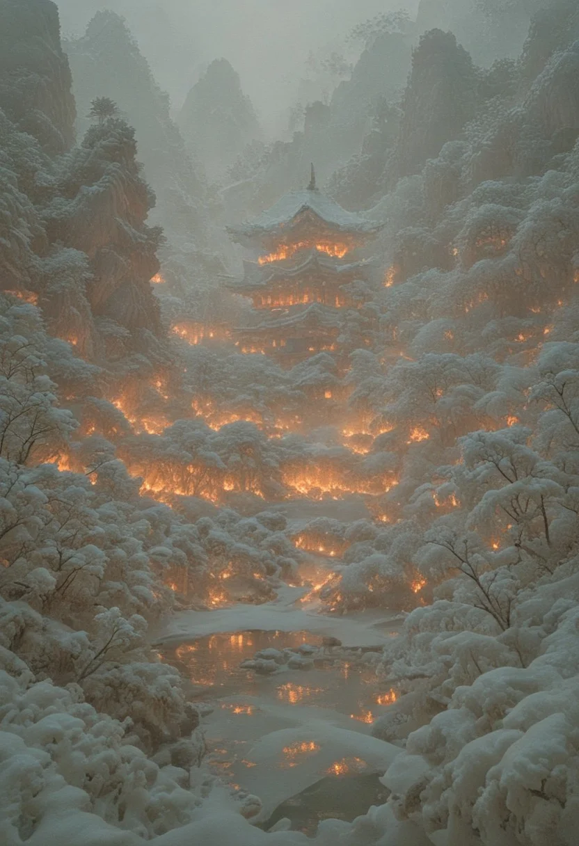 psychodelic scenic japan night landscape, novuschroma73 style, sakura garden, (((winter))), snow, frost, frozen, ice, mountains, lake, perfect composition, sunlight, golden hour, haze, low angle, masterpiece, award winning,, ultra detailed, highly detailed, 8k, uhd, Style-Japan, vivid colours, luminous, ethereal, steam from ice melting, ((hot springs, steam rising from water)),