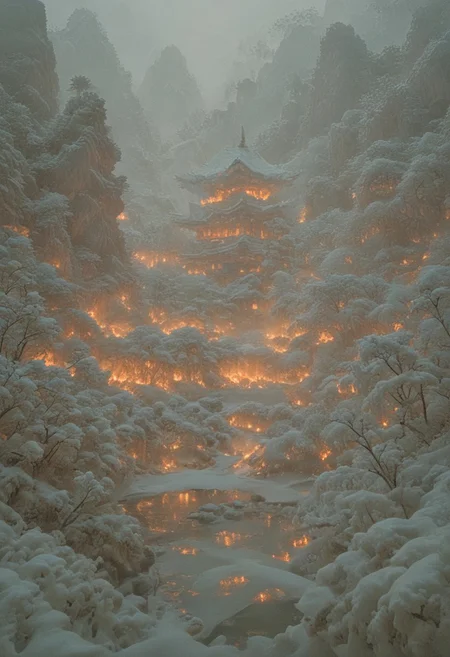 psychodelic scenic japan night landscape, novuschroma73 style, sakura garden, (((winter))), snow, frost, frozen, ice, mountains, lake, perfect composition, sunlight, golden hour, haze, low angle, masterpiece, award winning,, ultra detailed, highly detailed, 8k, uhd, Style-Japan, vivid colours, luminous, ethereal, steam from ice melting, ((hot springs, steam rising from water)),