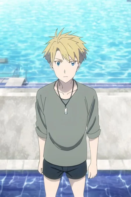 high resolution, professional photography, solo, best quality, 1Boy, Yamato Ishida, Blond Hair, Deep Blue Eyes, Necklace, pool, swimming, shirtless, shorts, looking at viewer, OverallDetail