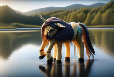 WORLD MORPH MATCHES, wet, dripping unicorn, sad, colorfull, lake, sky