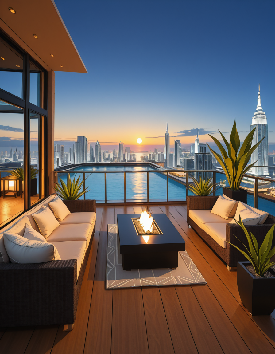 A breathtaking photo of a luxurious private rooftop at sunset, designed in a modern and elegant architectural style. The rooftop features a large infinity pool with crystal-clear water reflecting the warm golden hues of the sky. Surrounding the pool are plush, oversized lounge chairs with soft white cushions, neatly arranged under stylish wooden pergolas with flowing white curtains. In the background, a panoramic city skyline with shimmering skyscrapers stretches across the horizon. Ambient string lights hang delicately overhead, casting a soft, romantic glow. A chic outdoor bar with marble countertops is positioned on one side, decorated with fresh tropical plants and golden lanterns. The atmosphere feels serene and exclusive, with subtle reflections on the polished wooden floor. The lighting is a perfect mix of natural sunset tones and ambient soft white lights. The overall mood is peaceful, sophisticated, and inviting, ideal for an elite gathering or private escape.
<lora:SDXLFaeTastic2400:0.4> <lora:extremely_detailed:0.4> extremely detailed, <lora:luxurious_pr1v4t3_r00ft0p-i:1>,luxurious pr1v4t3 r00ft0p, Masterpiece,best quality,hi res,8k,hi res,8k,award winning,(sharp focus, intricate, highly detailed),