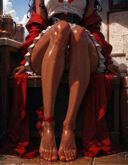 score_9, score_8_up, score_7_up, score_6_up, score_5_up, score_4_up,   lower body, solo, girl, feet, long legs, on tiptoes, barefoot, red ribbons on legs, soles, oiled skin, shiny skin, tan skin