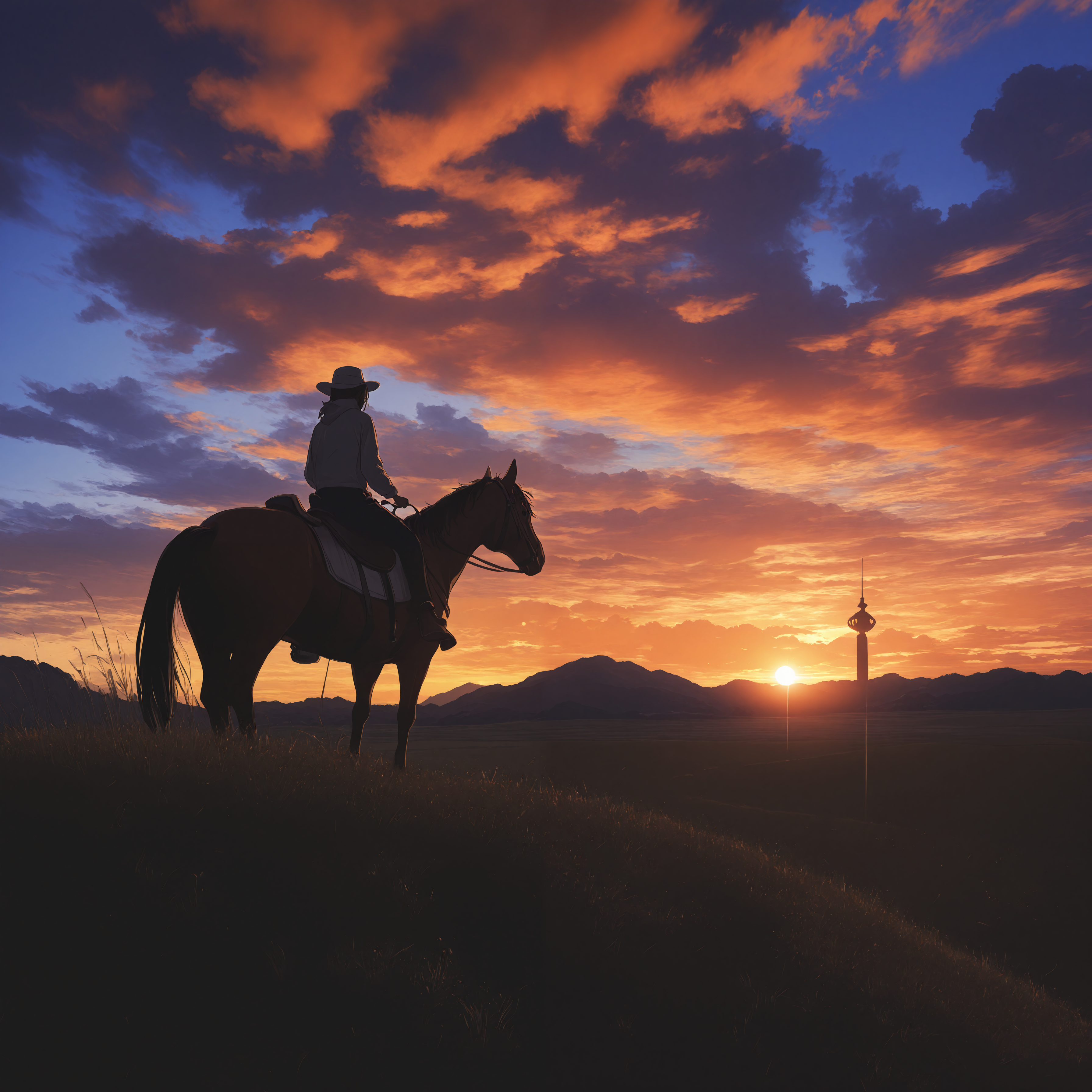 solo, outdoors, sky, cloud, cloudy sky, grass, scenery, sunset, sun, riding, field, horse       
IllusP0s