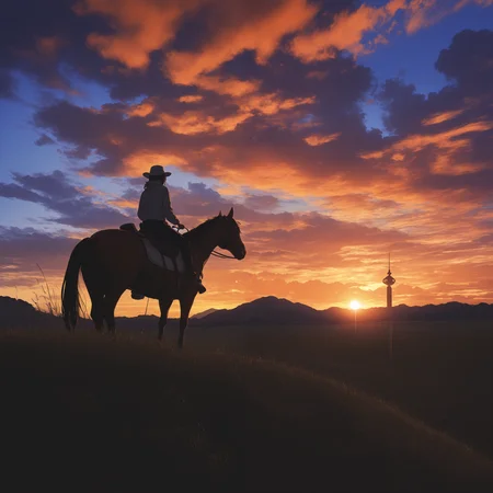 solo, outdoors, sky, cloud, cloudy sky, grass, scenery, sunset, sun, riding, field, horse
IllusP0s